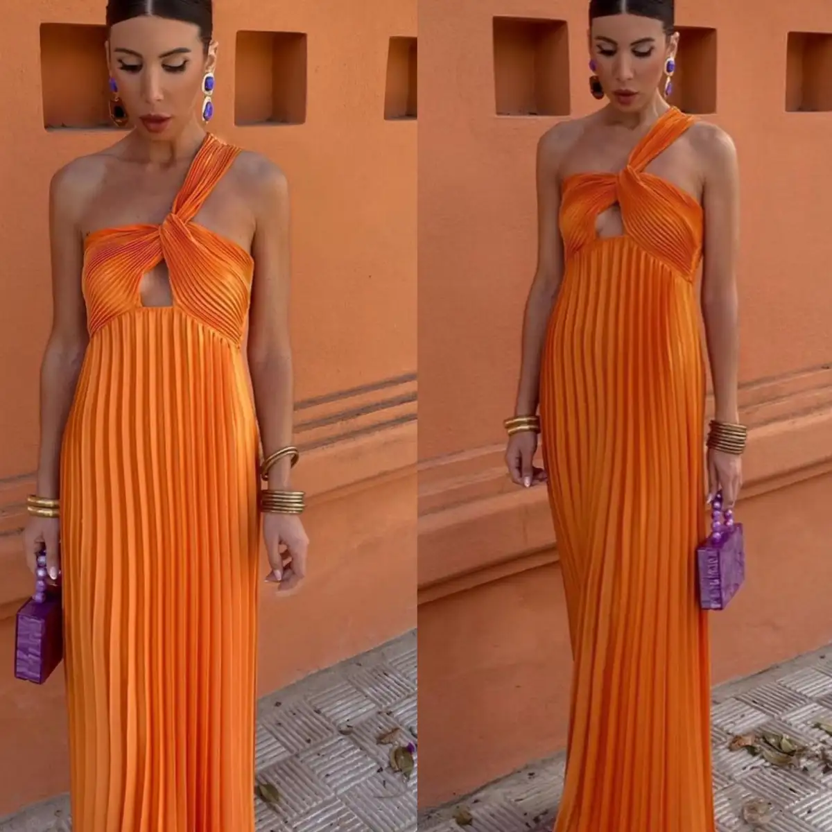 Robe longue plissée orange